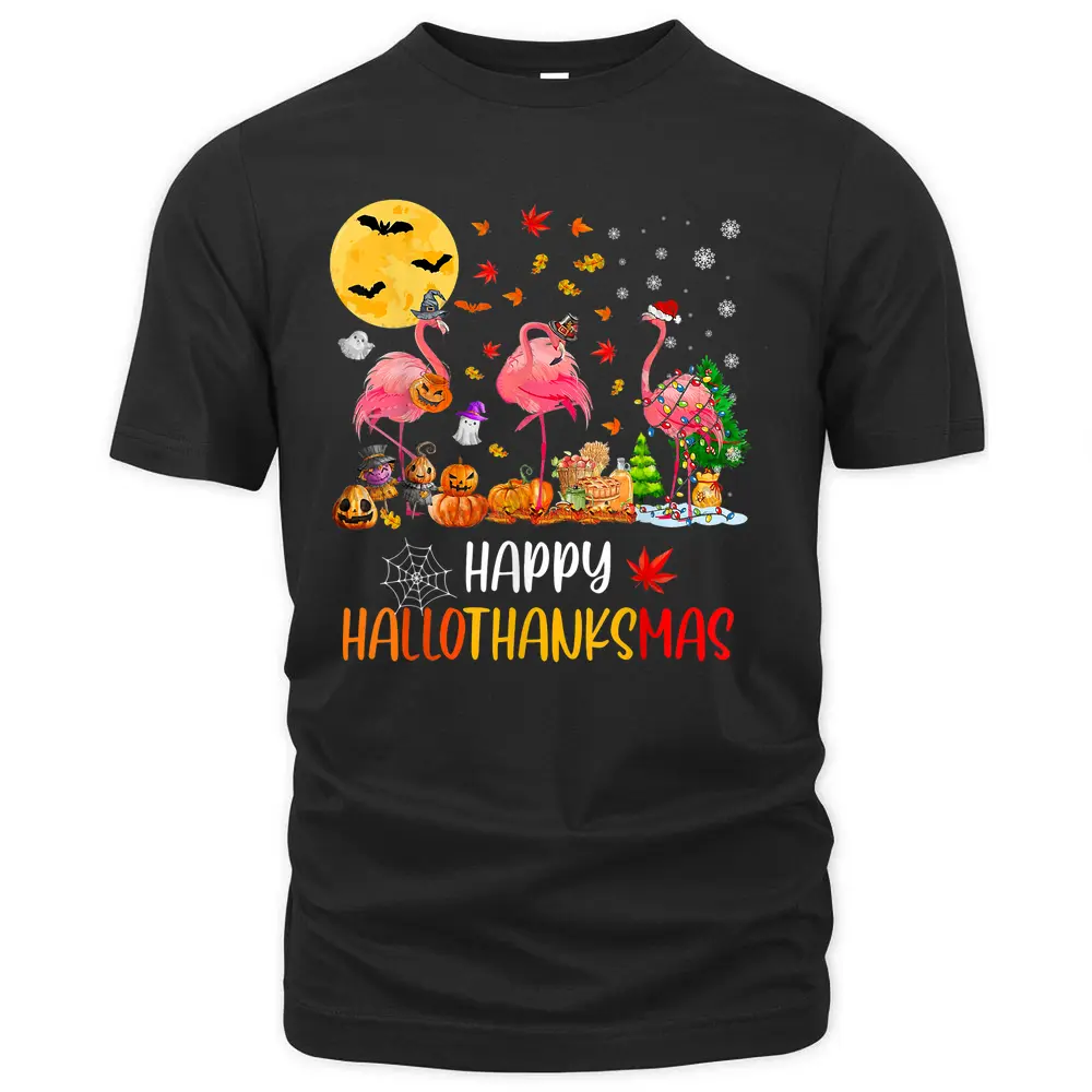 Flamingo Halloween Happy Hallothanksmas Thanksgiving Xmas T-Shirt